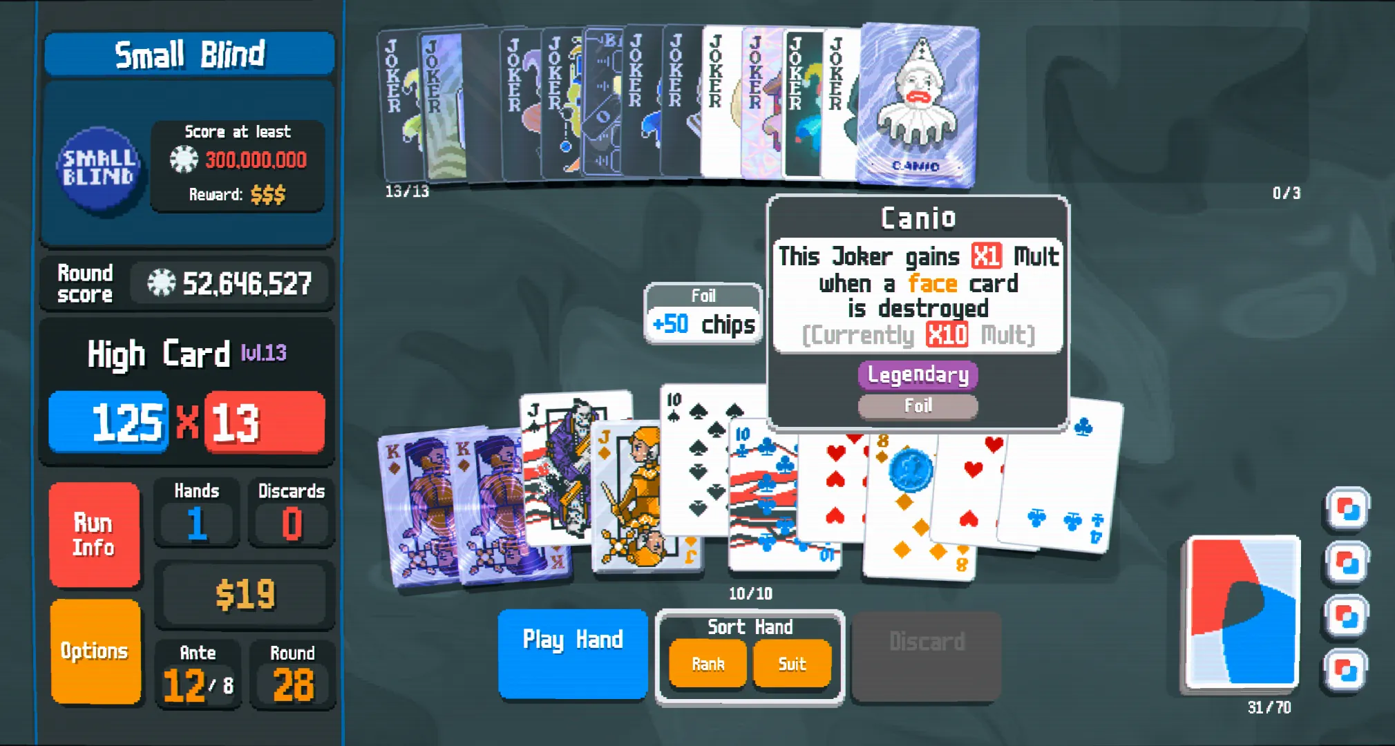 Canio at X10 Mult after gaining X1 Mult for every destroyed face card.