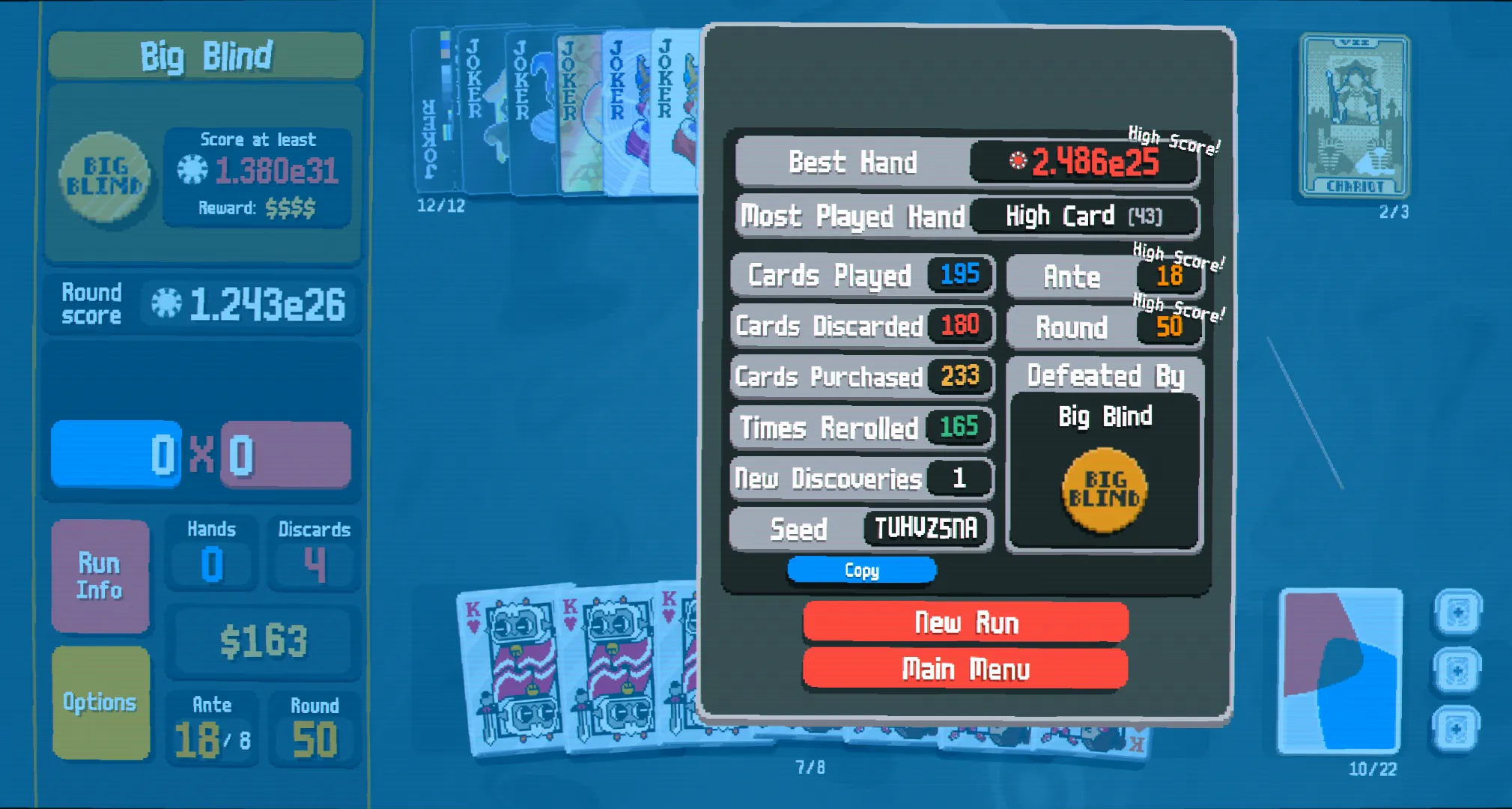 Scoring 2.486e25 on Ante 18, finally getting defeated.