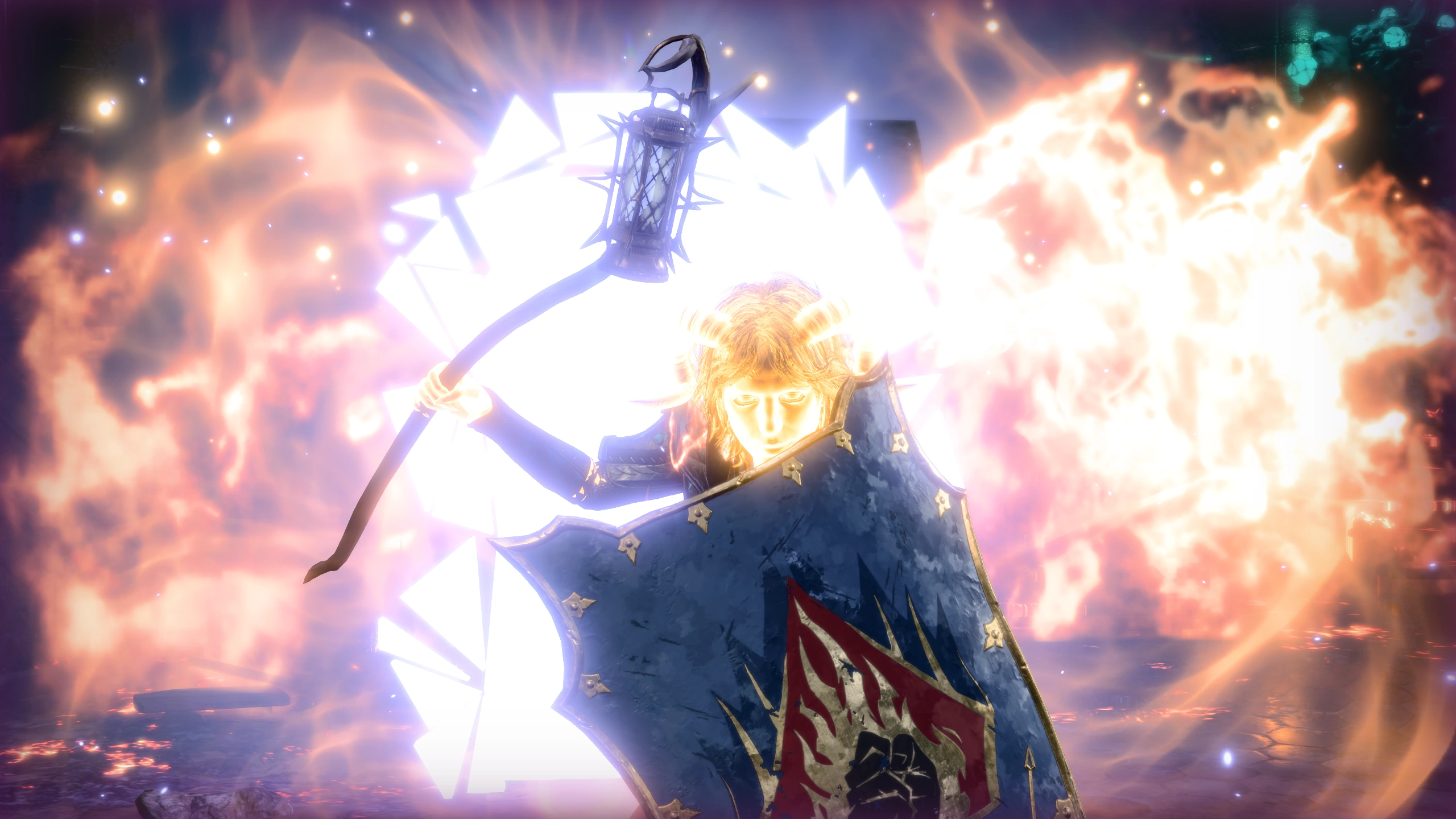 Ramie glowing unnaturally bright with a huge explosion behind her.