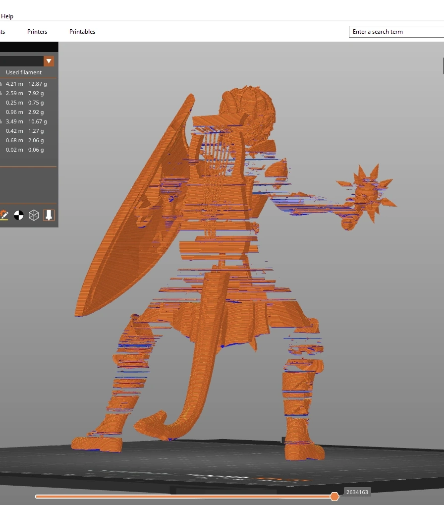 A broken stl file sliced in PrusaSlicer.