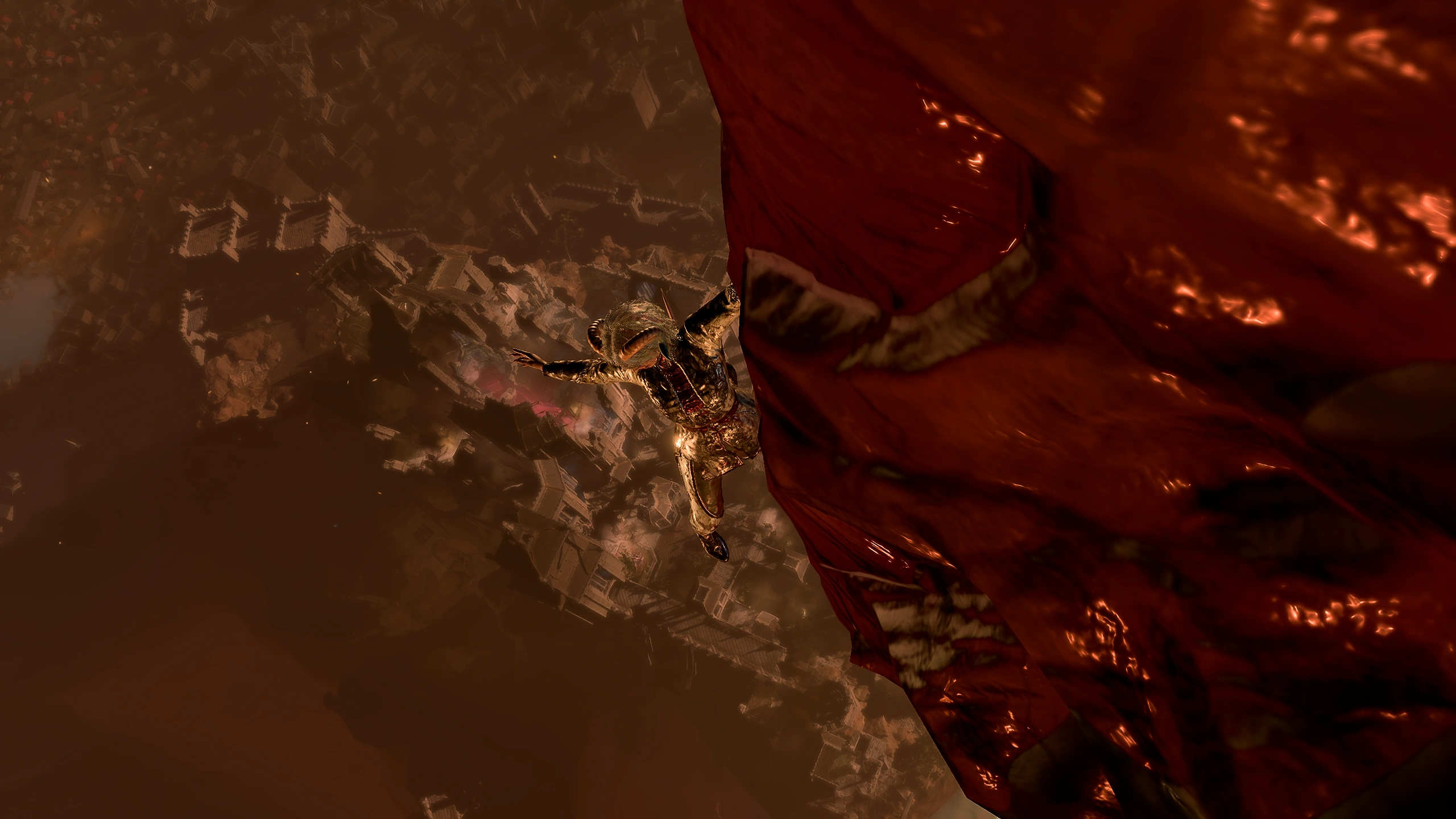 Ramie climbing up the Netherbrain and almost slipping off, above Baldur's Gate.