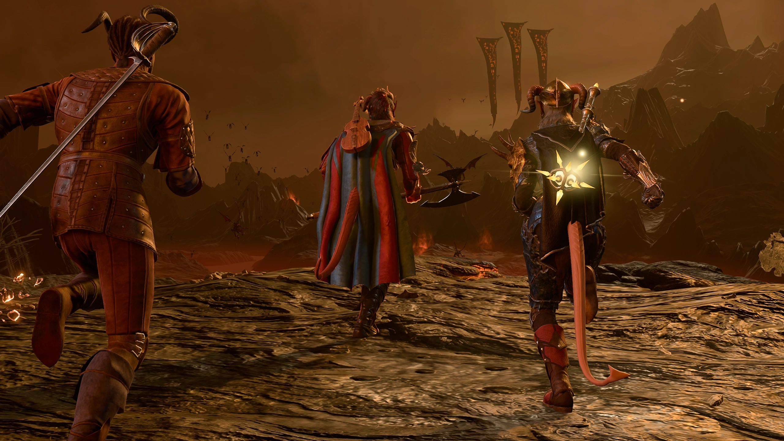 Ramie choosing to accompany Karlach and Wyll into the Hells (with her helmet on because the cutscene ignores the settings).