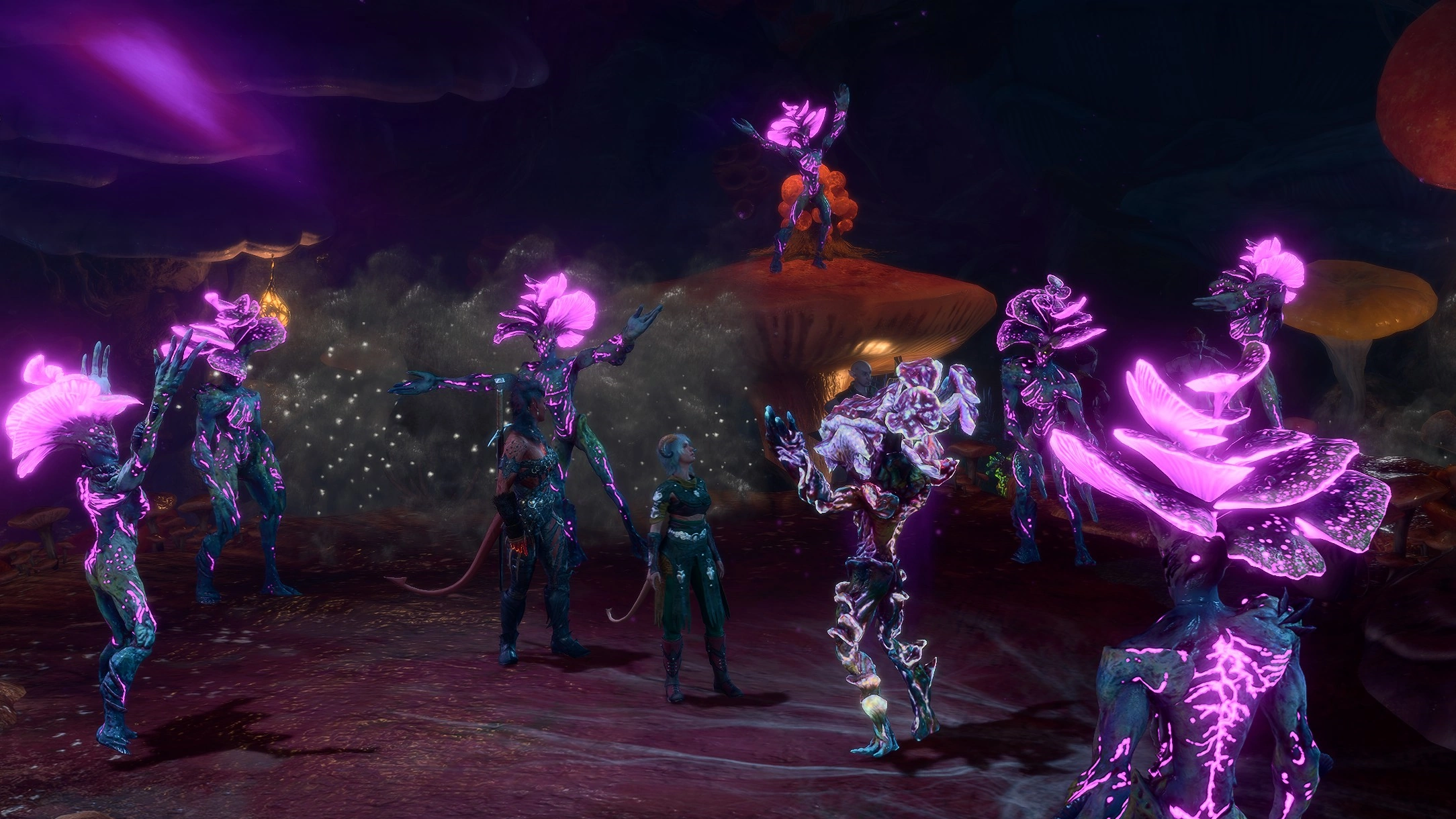 Ramie being surrounded by Mycanoids celebrating Neere's head being presented.