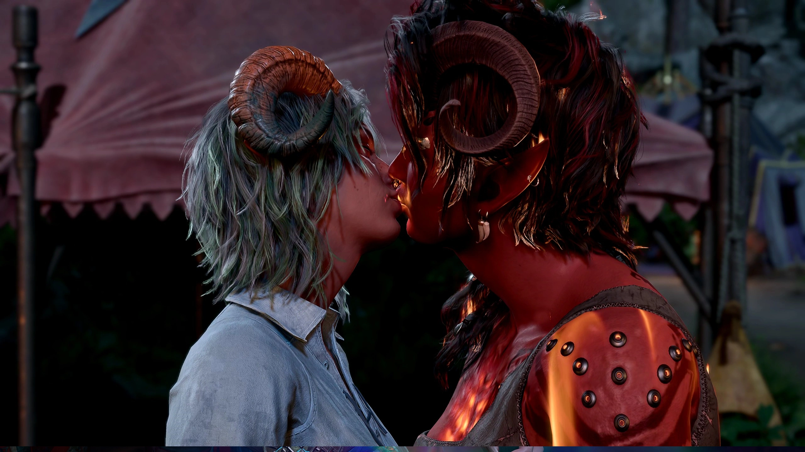 Ramie kissing Karlach for the first time, a spark on their lips.