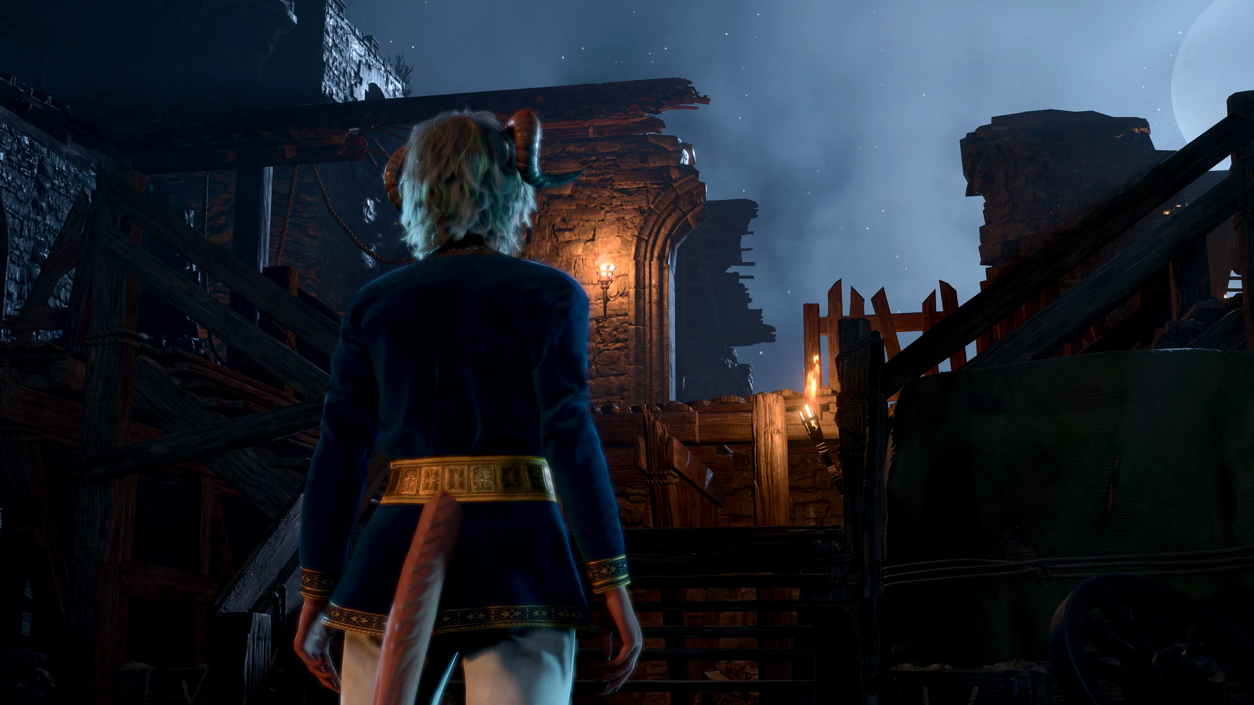 Ramie climbing up a watchtower to see Baldur's Gate.