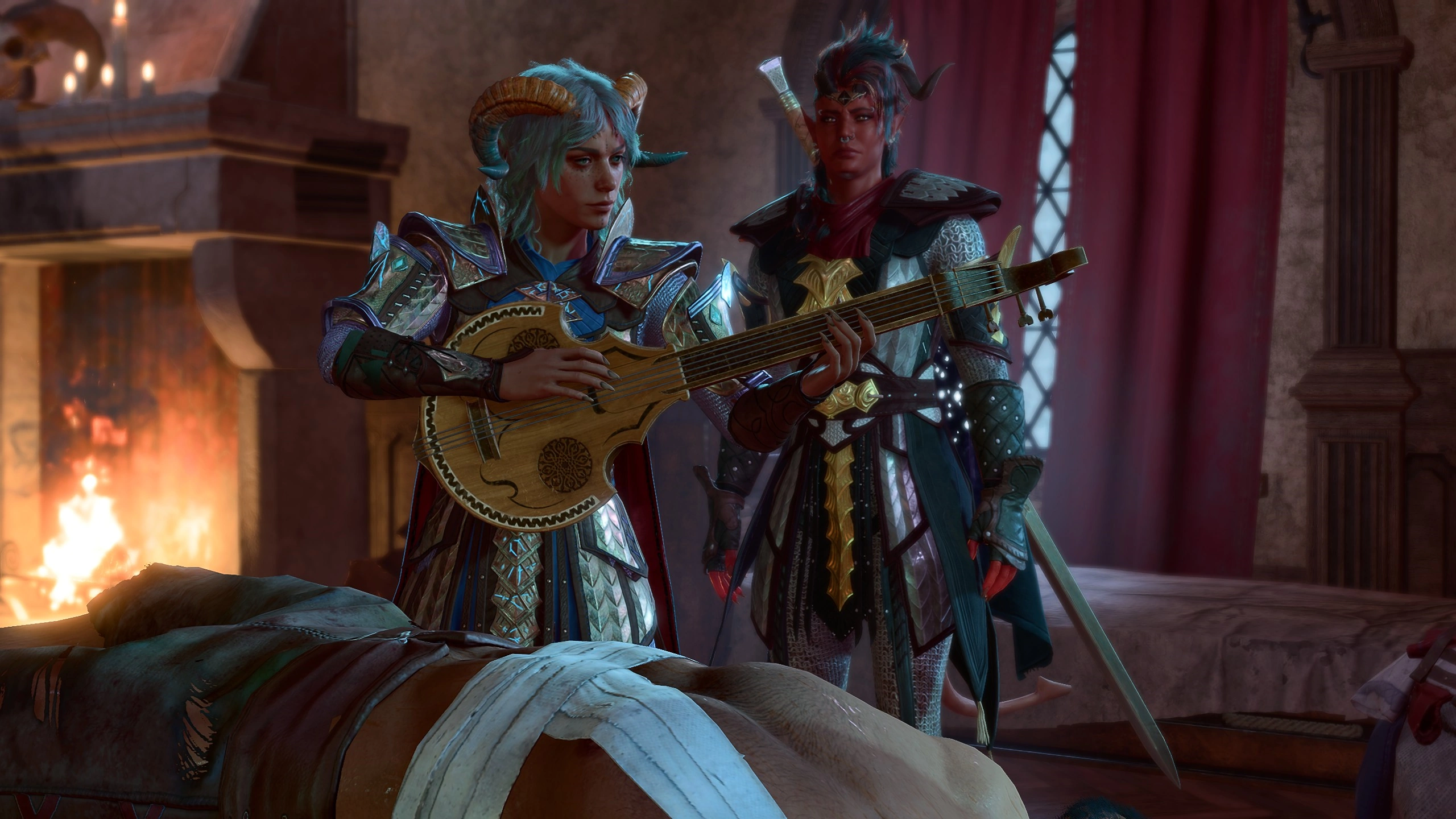 Ramie playing the Lute for the person in a coma in the Last Light Inn.