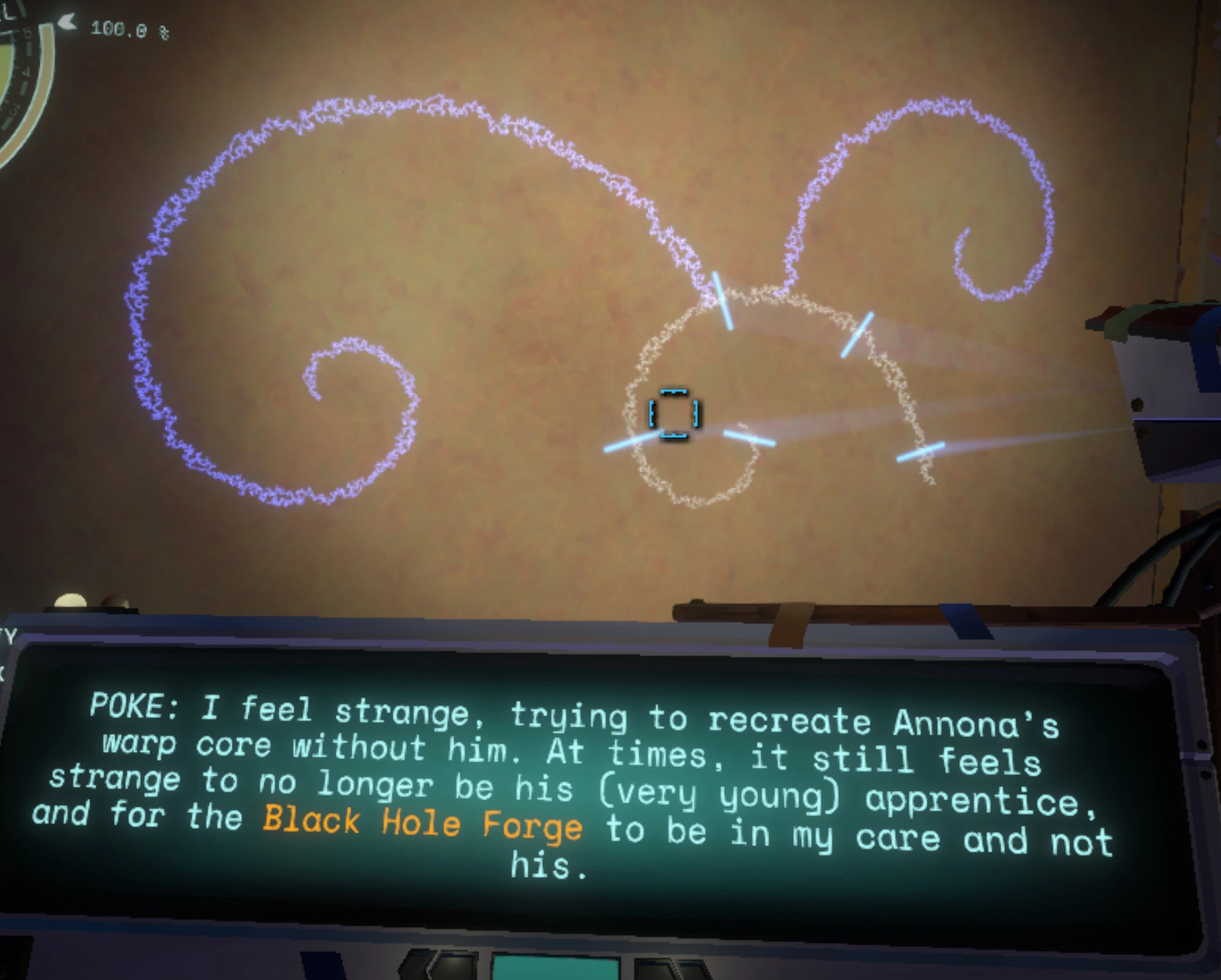 A wall with curves of Nomai text written on it. The translator tool is equipped and translates one of the segments.