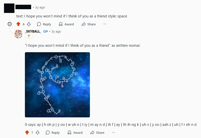 A screenshot of the Reddit bot automatically replying to a user with a generated Nomai translation for 'I hope you won’t mind if I think of you as a friend'.