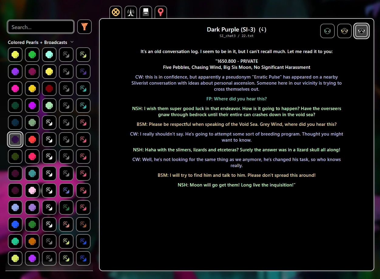 The main user interface of the Rain World Collection Index showing a list of pearls, with the pearl SI_chat3 being selected.
