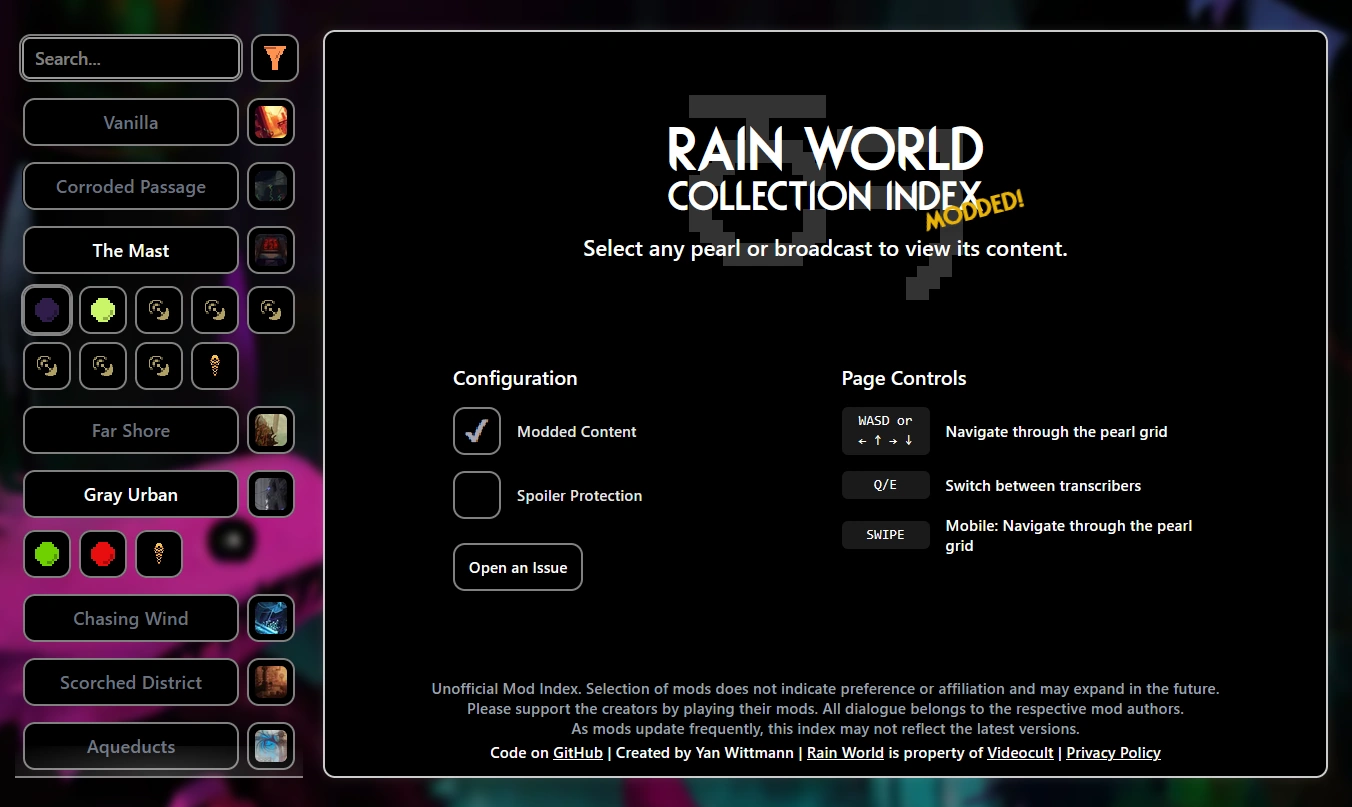 The main page of the modded view of the Collection Index. Some mods are collapsed, others show their entries.