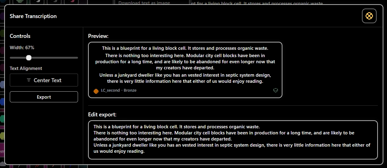 The export mode showing a generated image of an Iterator quote.