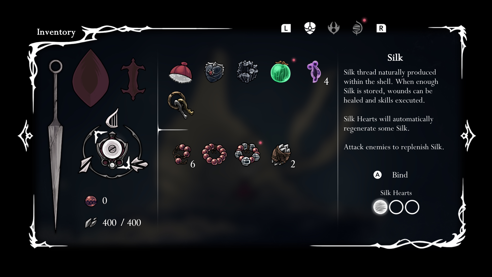 The inventory screen of Hornet in which the Faydown Cloak was acquired, without the Clawline being unlocked.