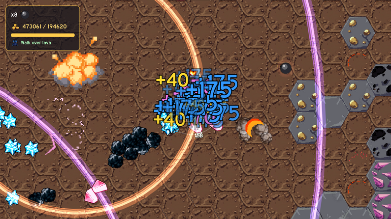 A chain explosion tearing through a mine, with coin values popping up from destroyed ore and other bombs going off nearby. A chain explosion tearing through a mine, with coin values popping up from destroyed ore and other bombs going off nearby.