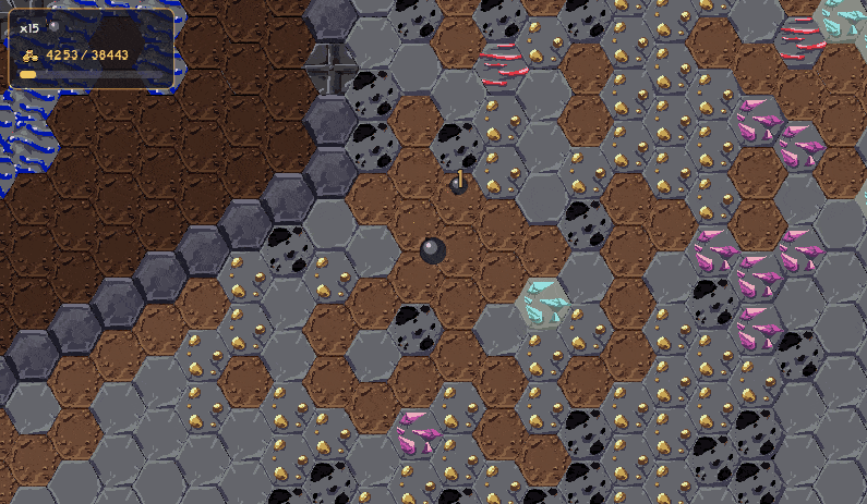 Gameplay footage of the bomb digging through a hex-tiled mine, collecting ore, and detonating in a large chain of explosions across the map. Gameplay footage of the bomb digging through a hex-tiled mine, collecting ore, and detonating in a large chain of explosions across the map.