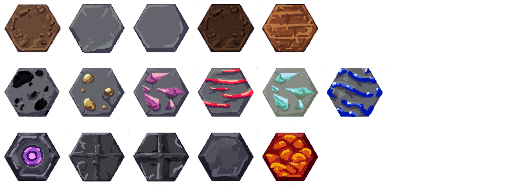 The hexagonal tile atlas for Time Bomb Miner: stone, ore variants for coal, gold, fluorite, the explosive Volatite, glacium, and relic shards, plus structure tiles like wood, floor, lava, and a spawn point marker. The hexagonal tile atlas for Time Bomb Miner: stone, ore variants for coal, gold, fluorite, the explosive Volatite, glacium, and relic shards, plus structure tiles like wood, floor, lava, and a spawn point marker.