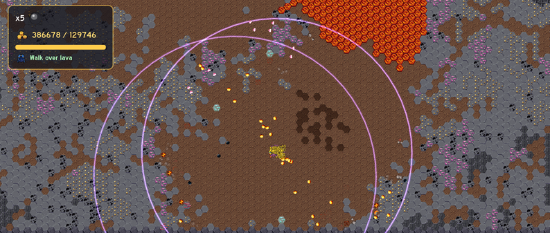 Gameplay showing the player with an active lava-walking buff, standing near a lava field with explosion range circles drawn around them. Gameplay showing the player with an active lava-walking buff, standing near a lava field with explosion range circles drawn around them.