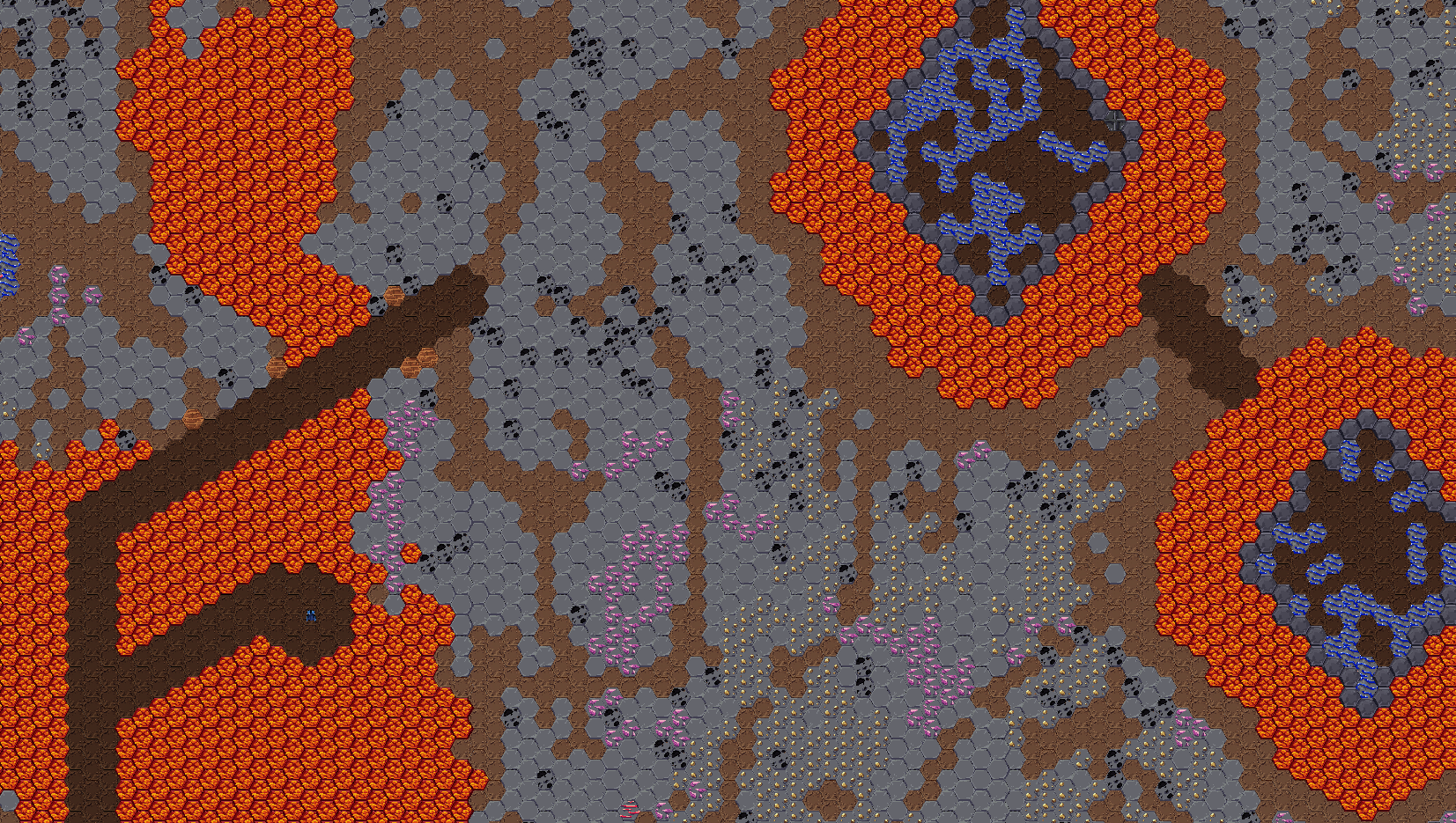 A wide view of a mine with two hardened lava vaults and a mineshaft tunnel cutting between ore deposits.