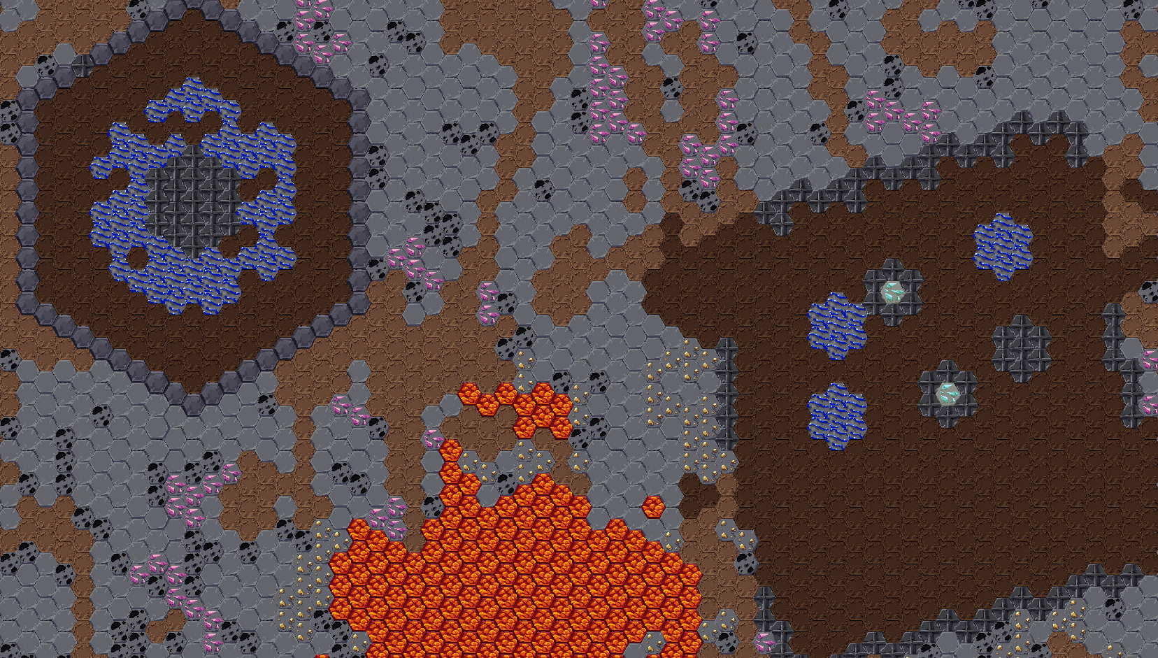 A generated mine with structures scattered across it: a diamond-shaped hardened lava vault, a wood-lined mineshaft branch, and a small lava blob.