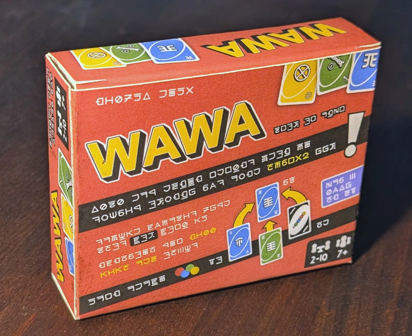 The backside of the custom WAWA UNO card box in the style of a regular UNO box.