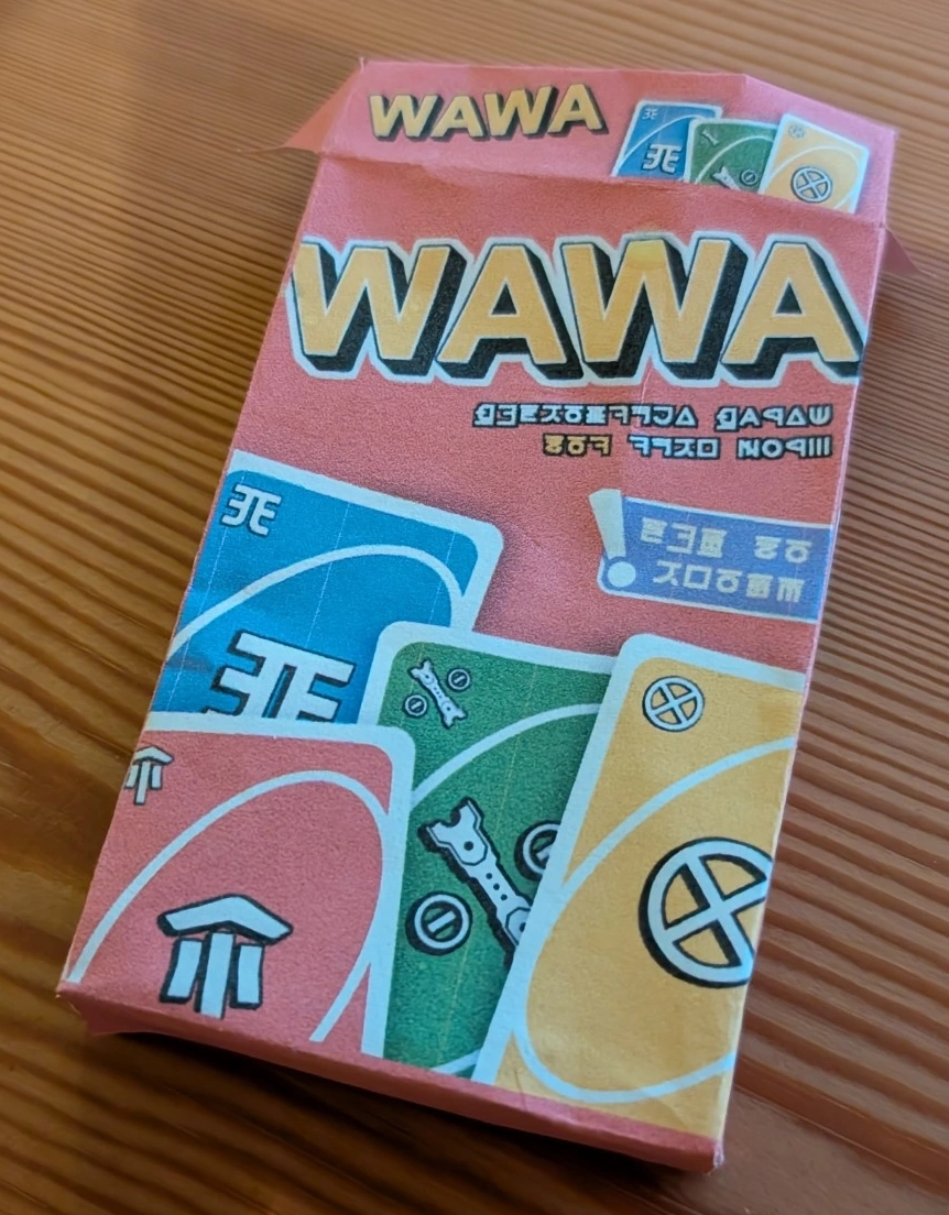 The first and scrapped version of the card box printed out and folded into a box.