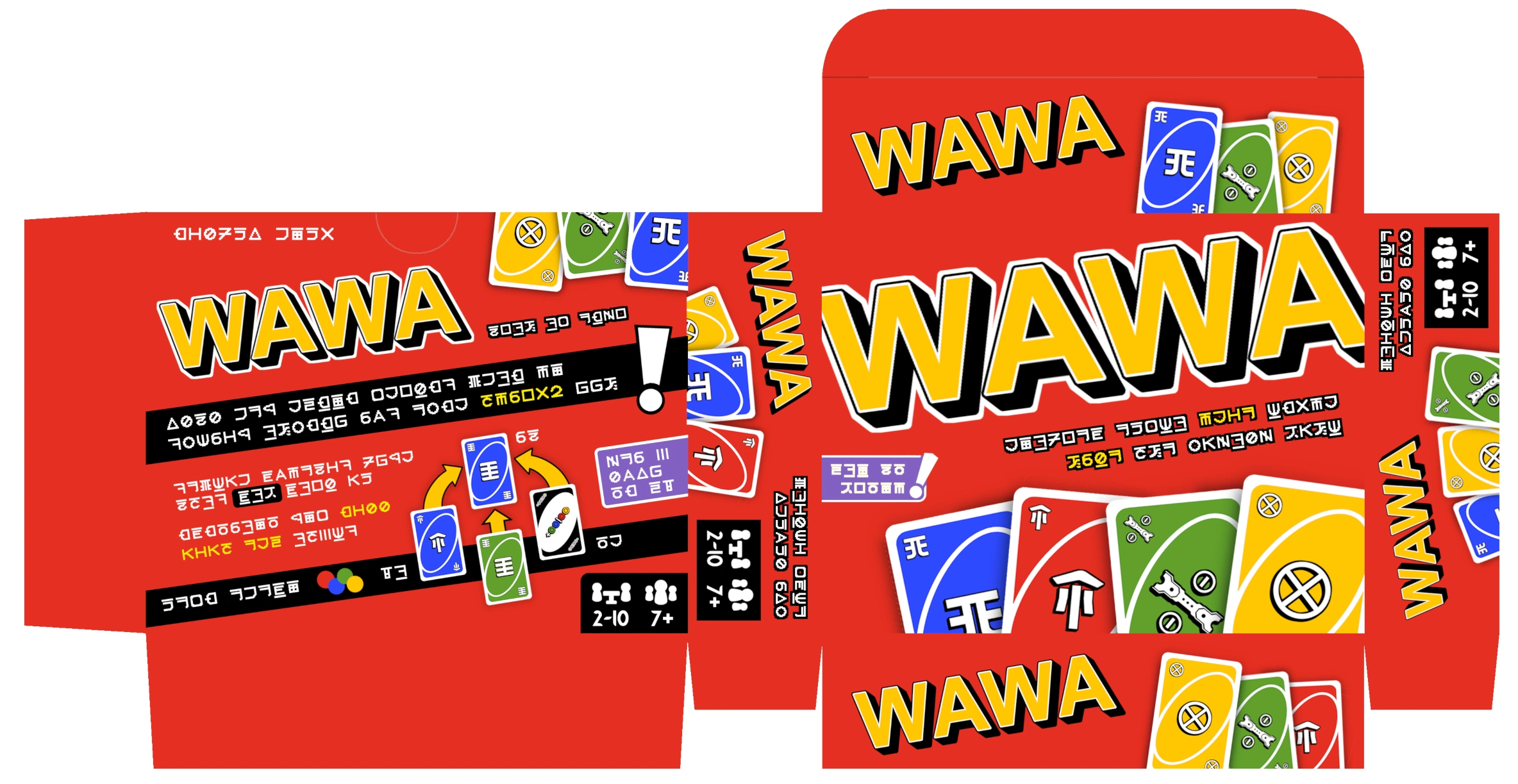 The digital design of the WAWA card box front and side panels which I ended up using, where two much taller stacks of cards are placed next to each other.
