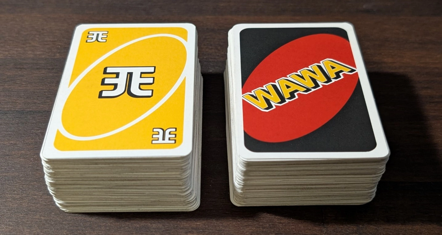 A neatly stacked deck of the custom WAWA UNO cards.